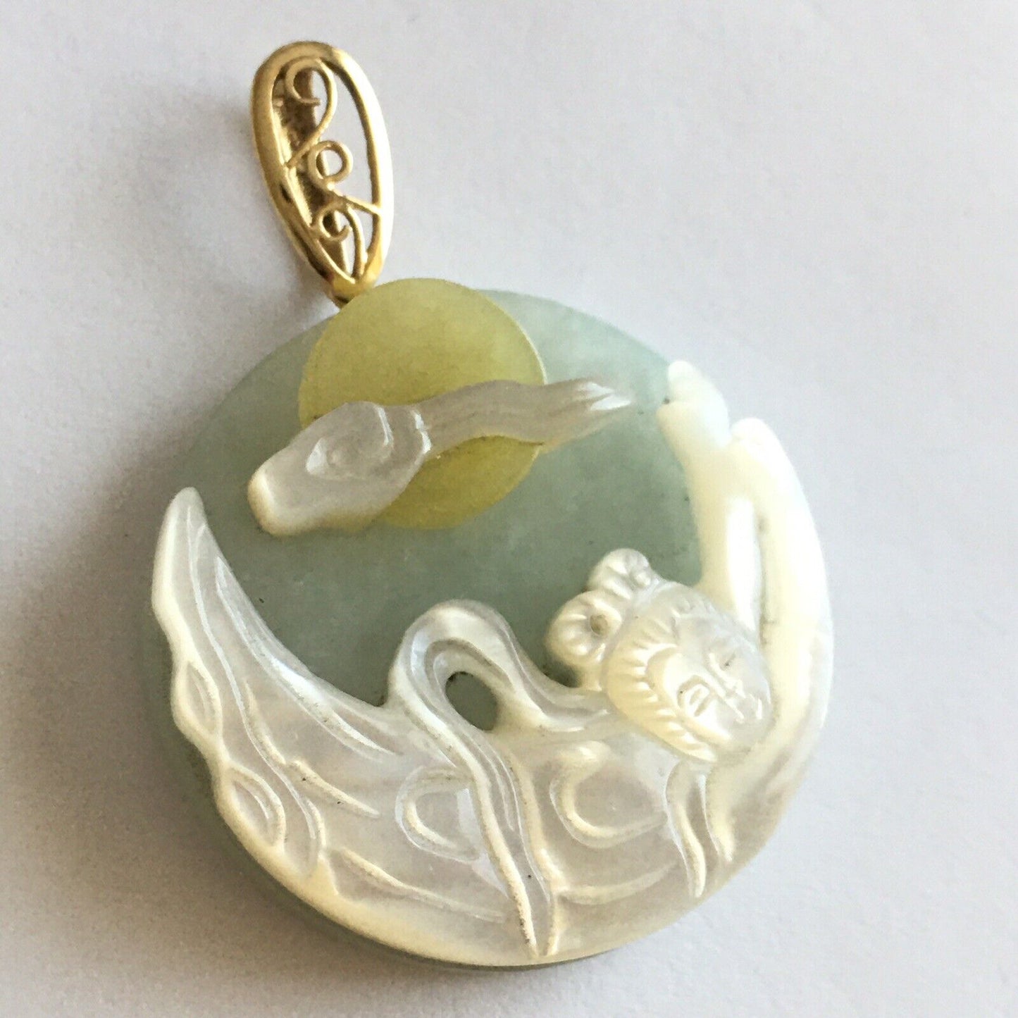 New 14k Solid Yellow Gold Natural Green Jade Mother of Pearl Pendant Lucky Lady Buddha 13.6g