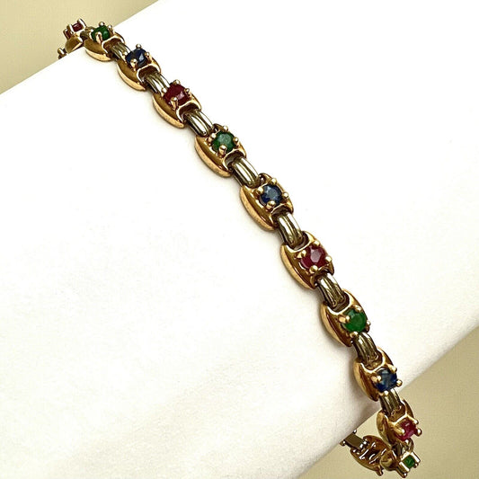 New 18k 750 Marked Yellow White Gold Genuine Ruby Sapphire Emerald Bracelet