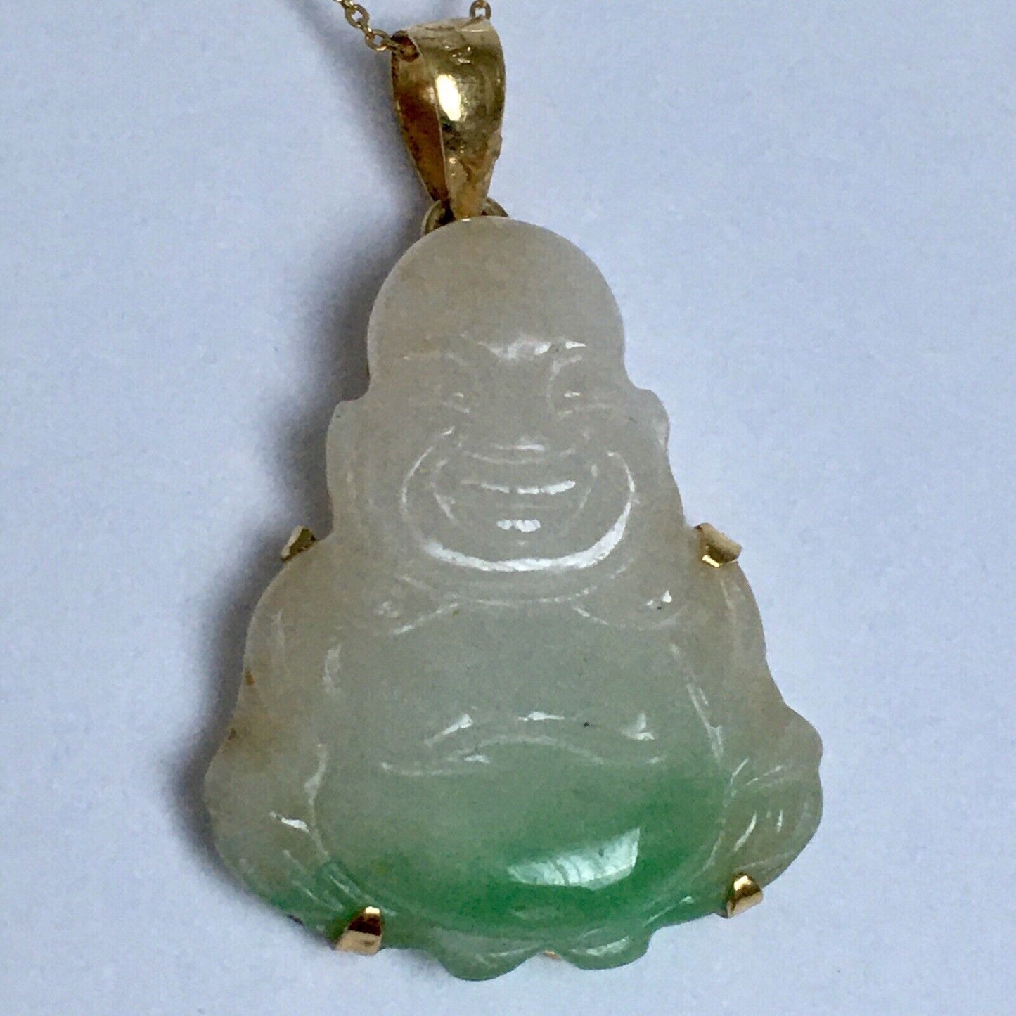 New 18k Solid Yellow Gold Natural Green White Jade Pendant Lucky Buddha 3.2g