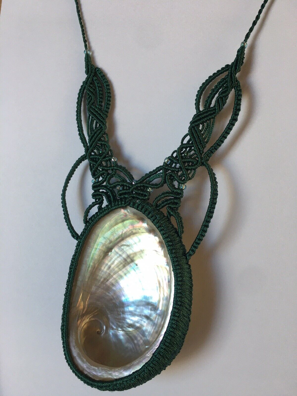 N21 Macrame Necklace Big Natural Abalone Shell Handmade adjustable length 16~32”