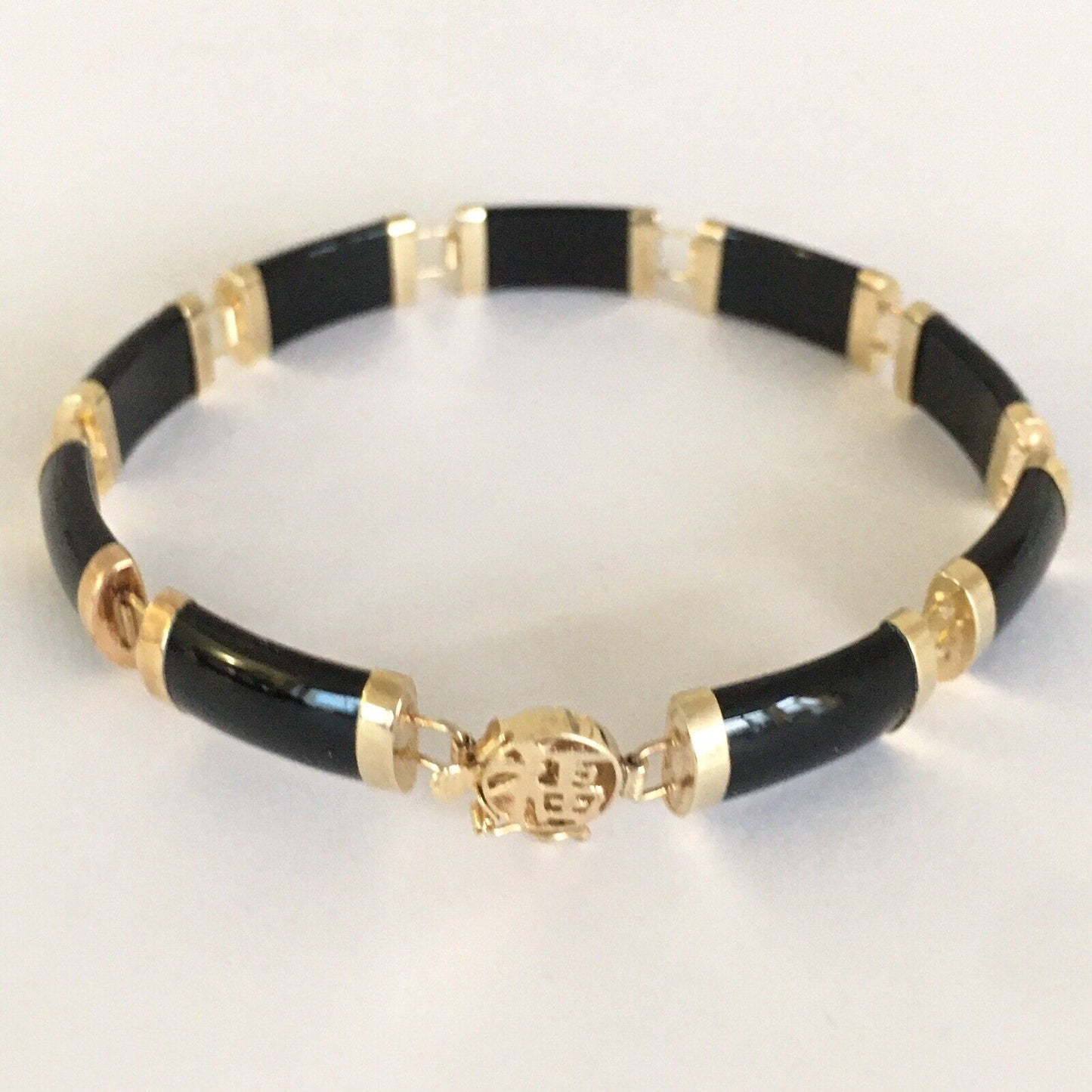 New 14k Solid Yellow Gold Black Onyx Bamboo Bracelet 7” Lucky Long Life