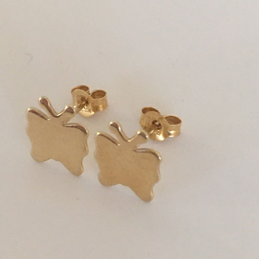 P-0360, New 14k Yellow Gold Earrings Studs Unique Shining Butterfly Design