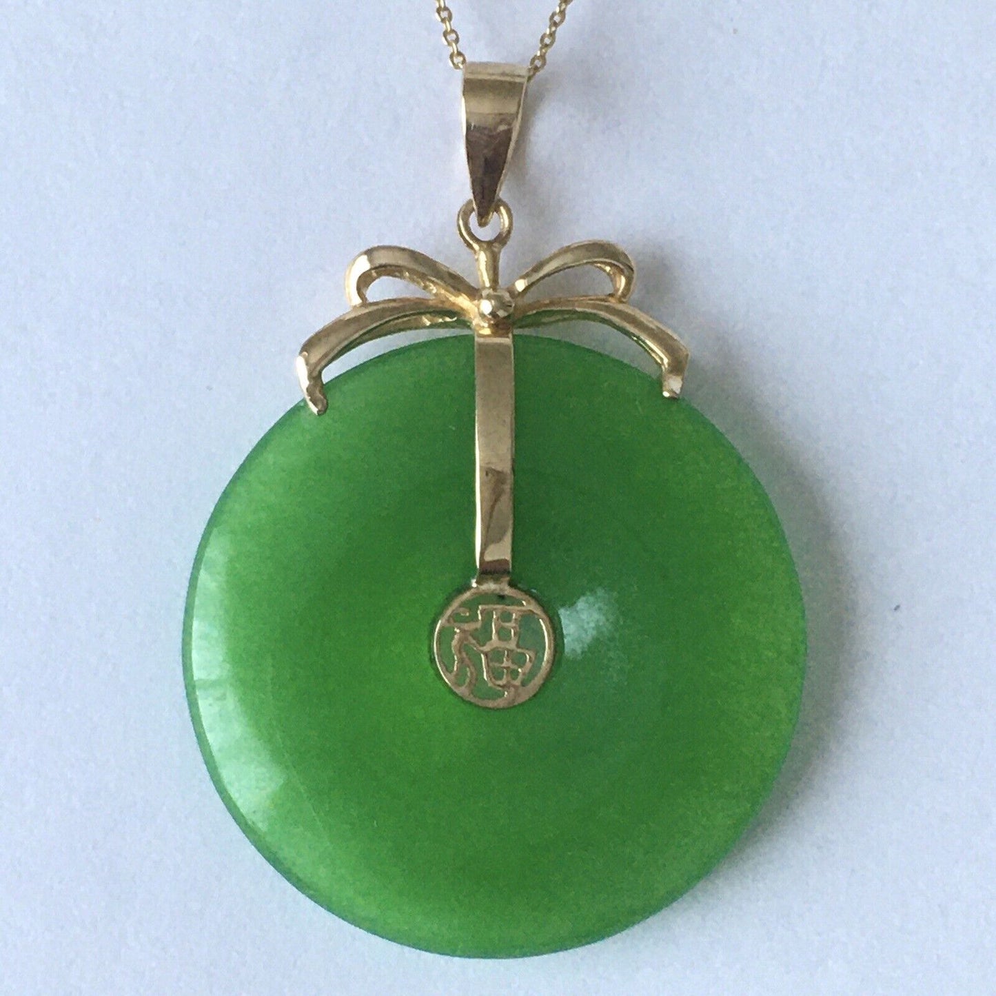 New 14k Solid Yellow Gold Circle Natural Green Jade Pendant Lucky Happiness 4.8g