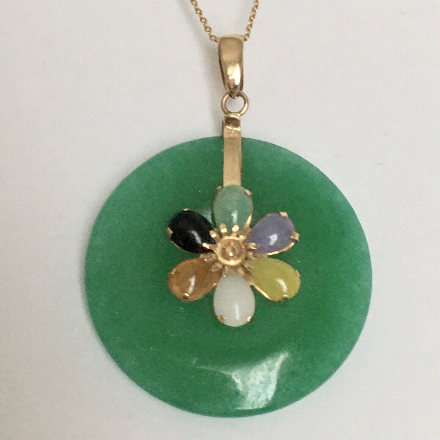 New 14k Solid Yellow Gold Circle Natural Multi Color Jade Flower Pendant Lucky