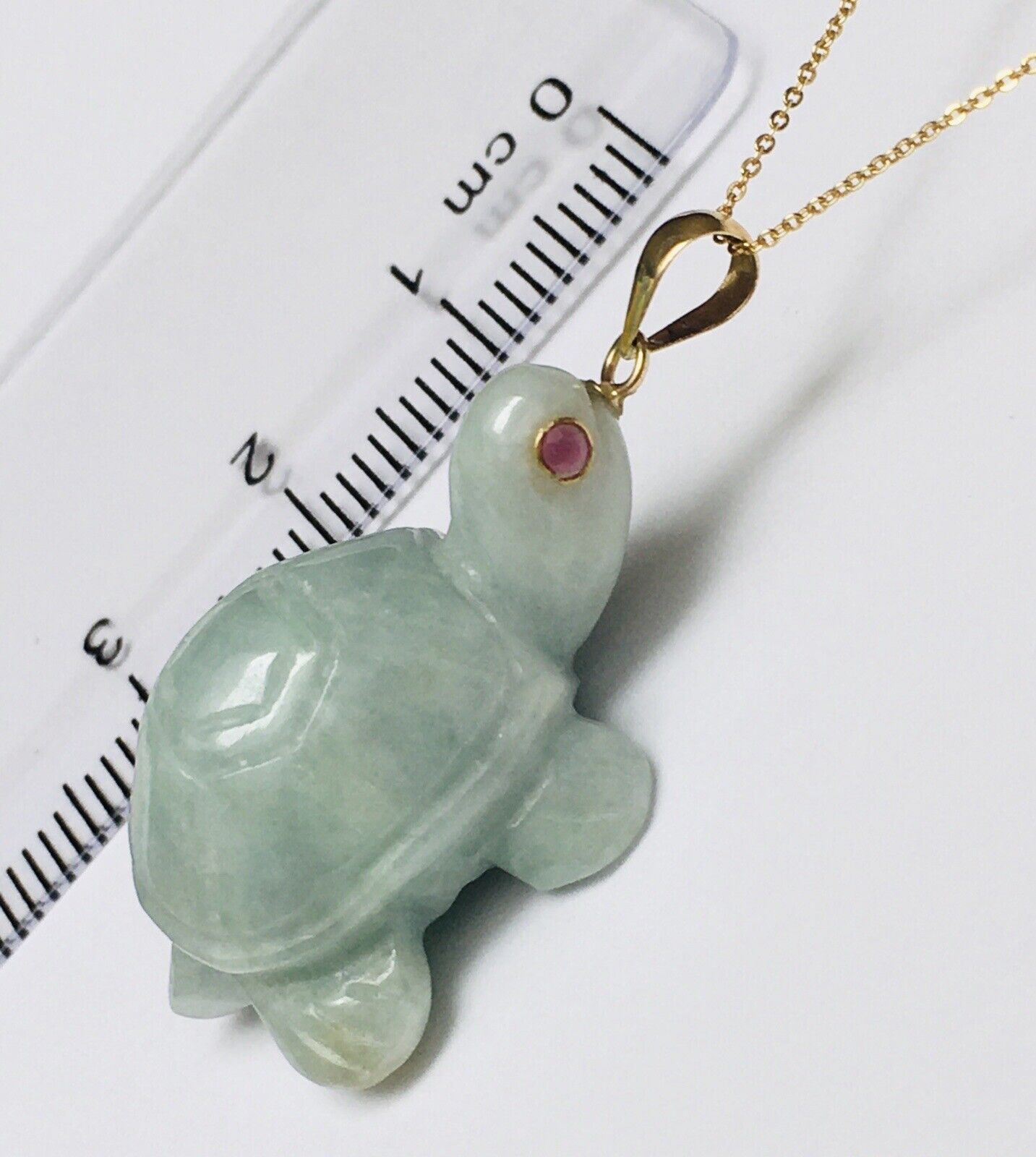 14k Solid Yellow Gold Natural Green Jade Turtle Pendant Ruby Eyes Hand Carved