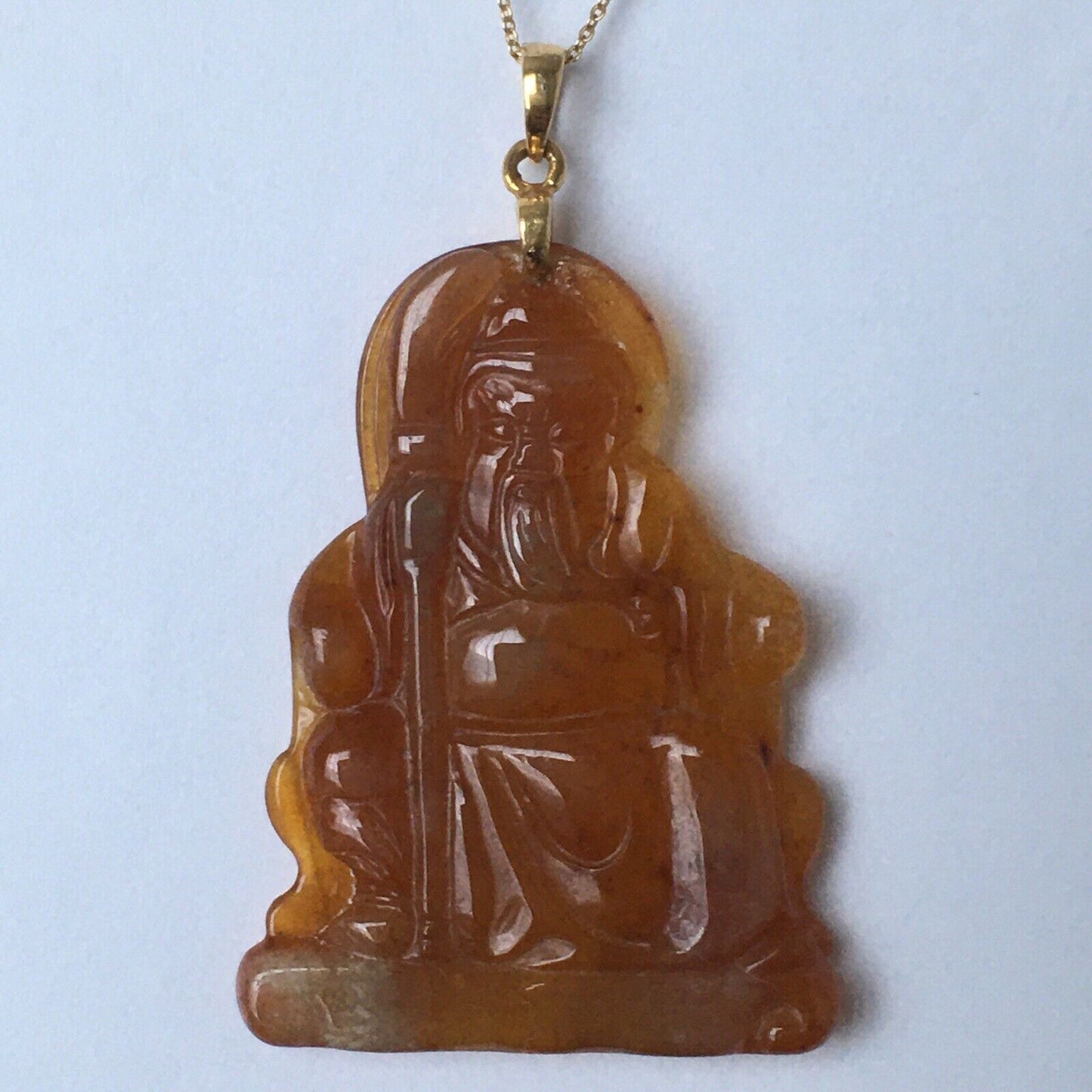 18k Solid Yellow Gold Natural Brown Jade Pendant Lucky Buddha 3.2g Hand Carved