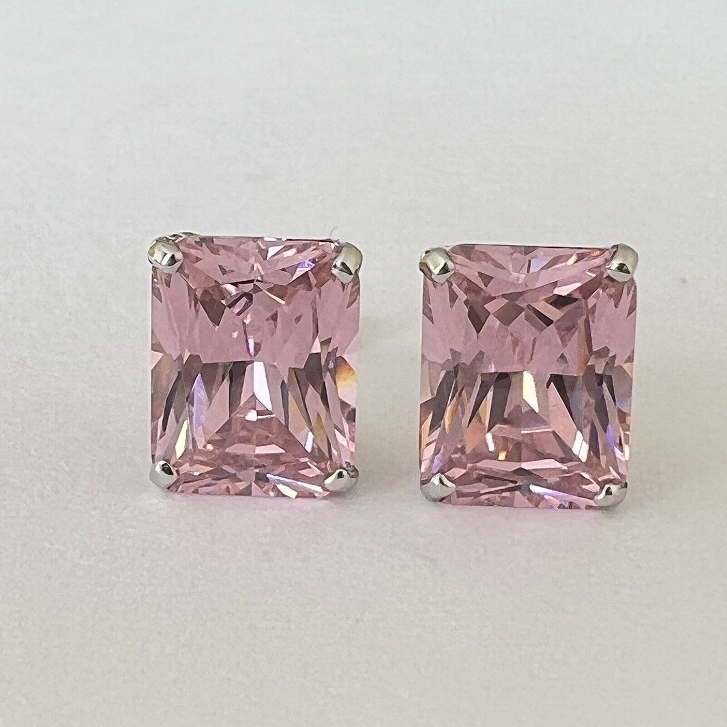 P2250 New 14k White Gold Pink Topaz Studs Earrings Gemstone 7*9mm Emerald Cut