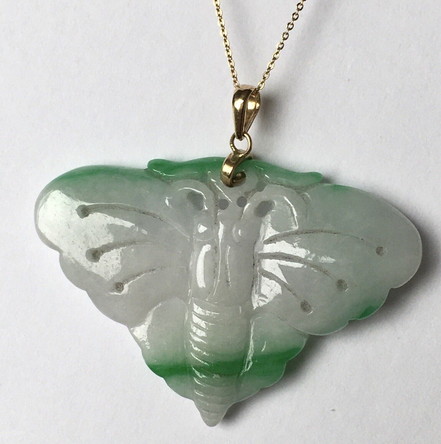 New 14k Solid Yellow Gold Natural White Green Jade Pendant Good Luck Butterfly