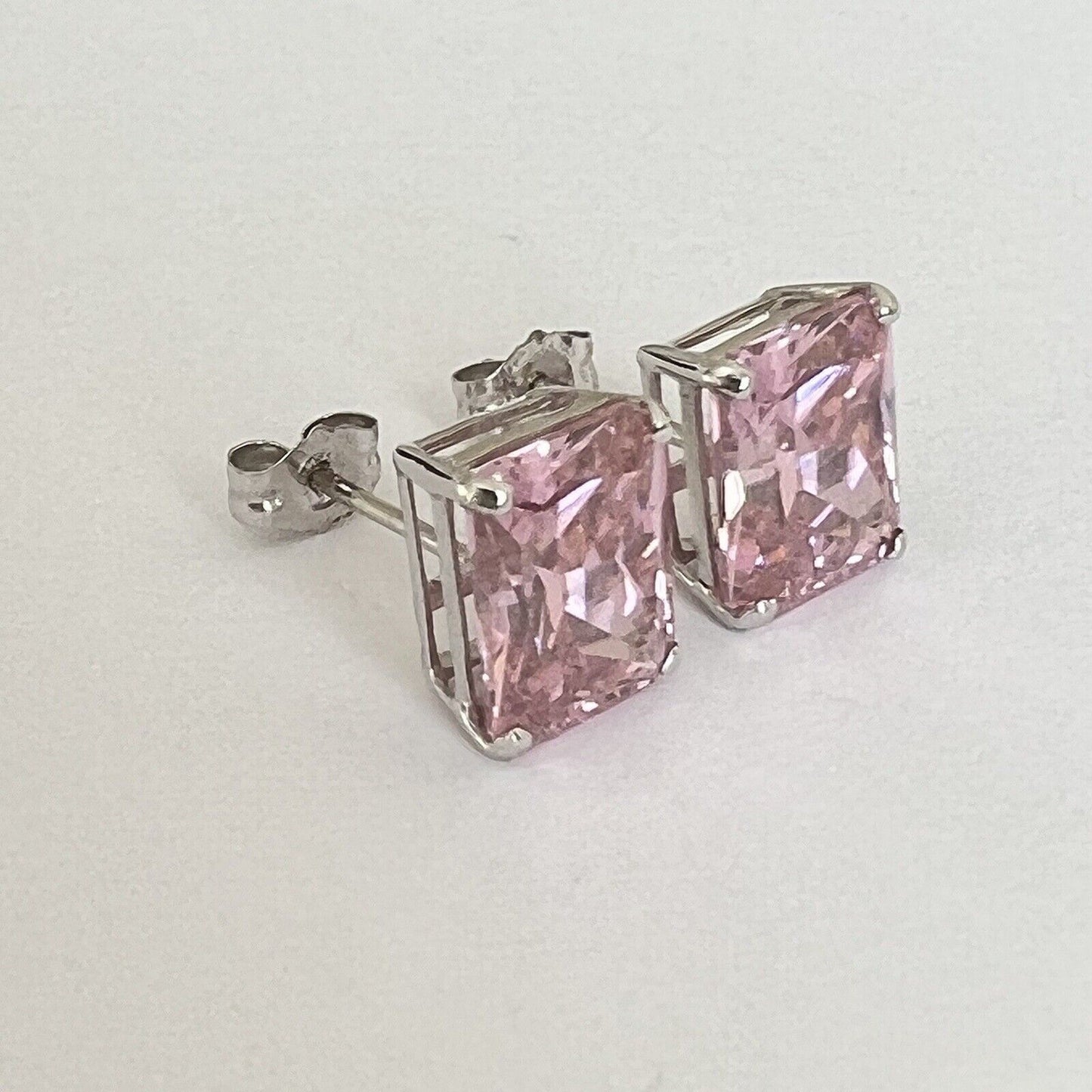 P2250 New 14k White Gold Pink Topaz Studs Earrings Gemstone 7*9mm Emerald Cut