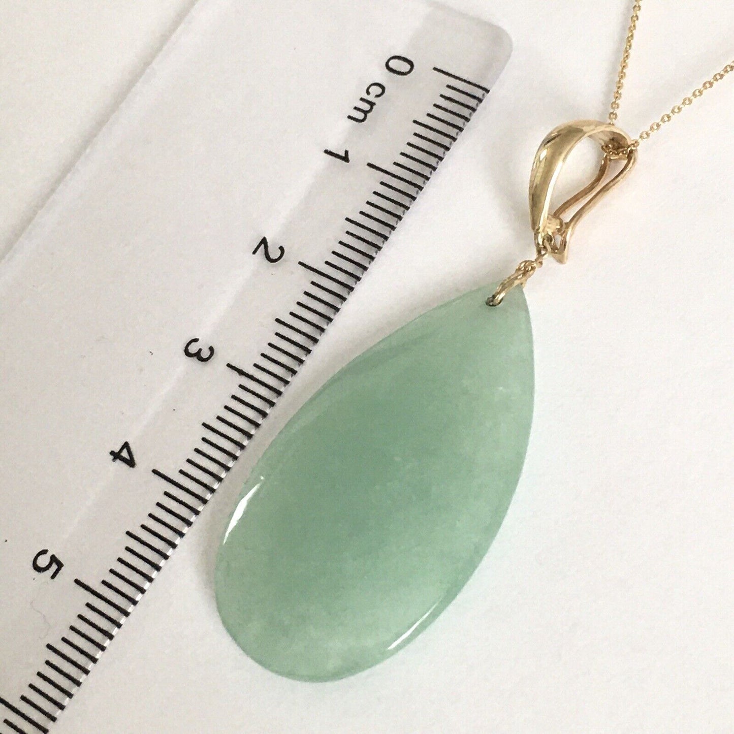 New 14k Solid Yellow Gold Natural Green Jade Teardrop Pendant Good Luck 6.3g