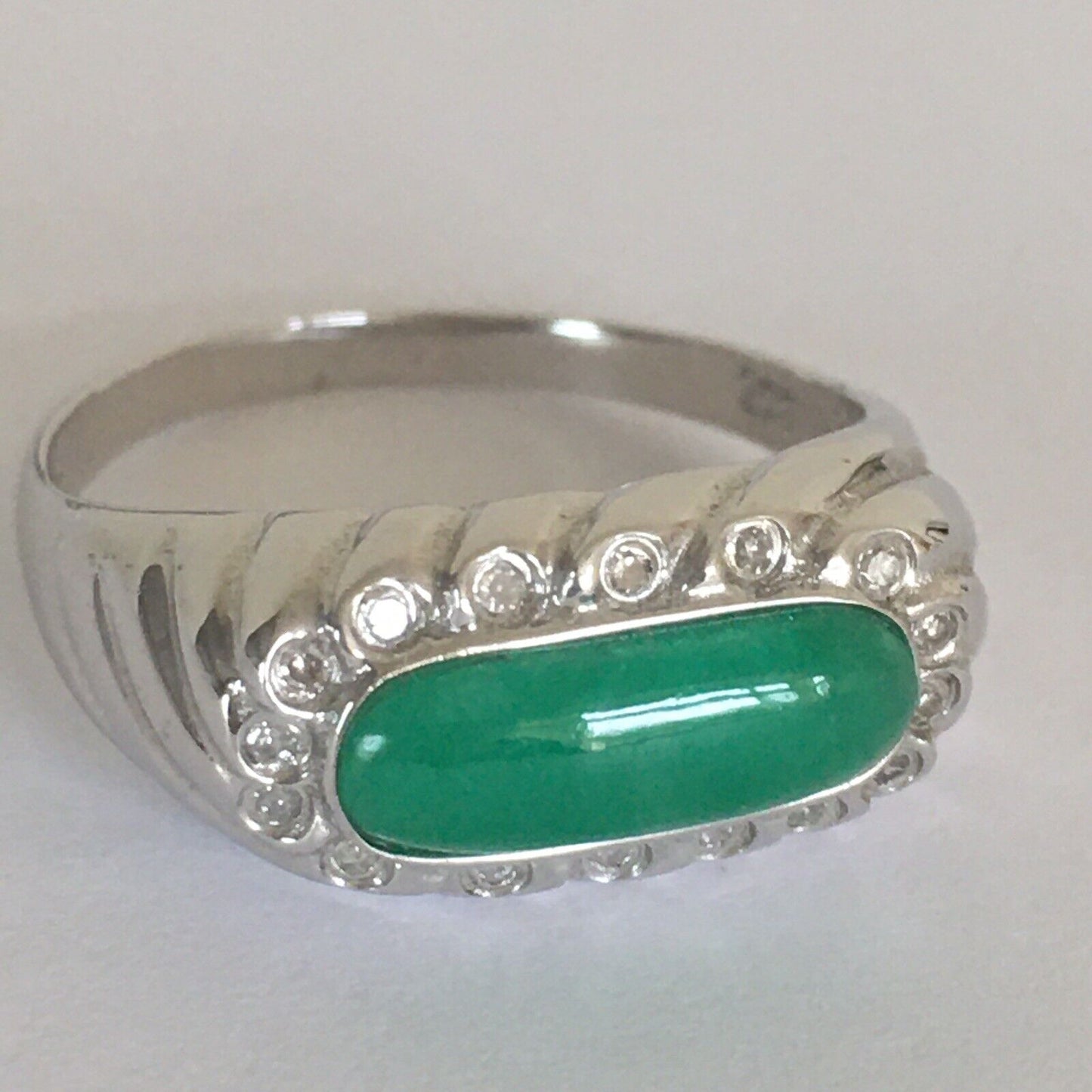 Q10426, New 14k Solid White Gold W/G Natural Green Jade Ring, 12*5mm, SZ-7