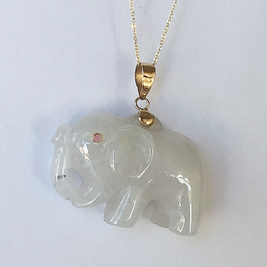 P-2850 New 14k Solid Yellow Gold Natural White Jade Elephant Pendant Ruby Eyes