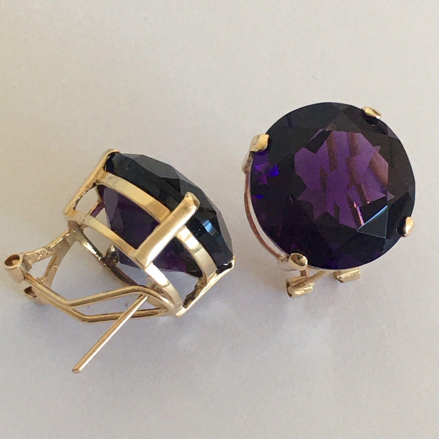 New 14k Solid Yellow Gold Y/G Amethyst Earrings Round cut, 15*15mm, French Clip