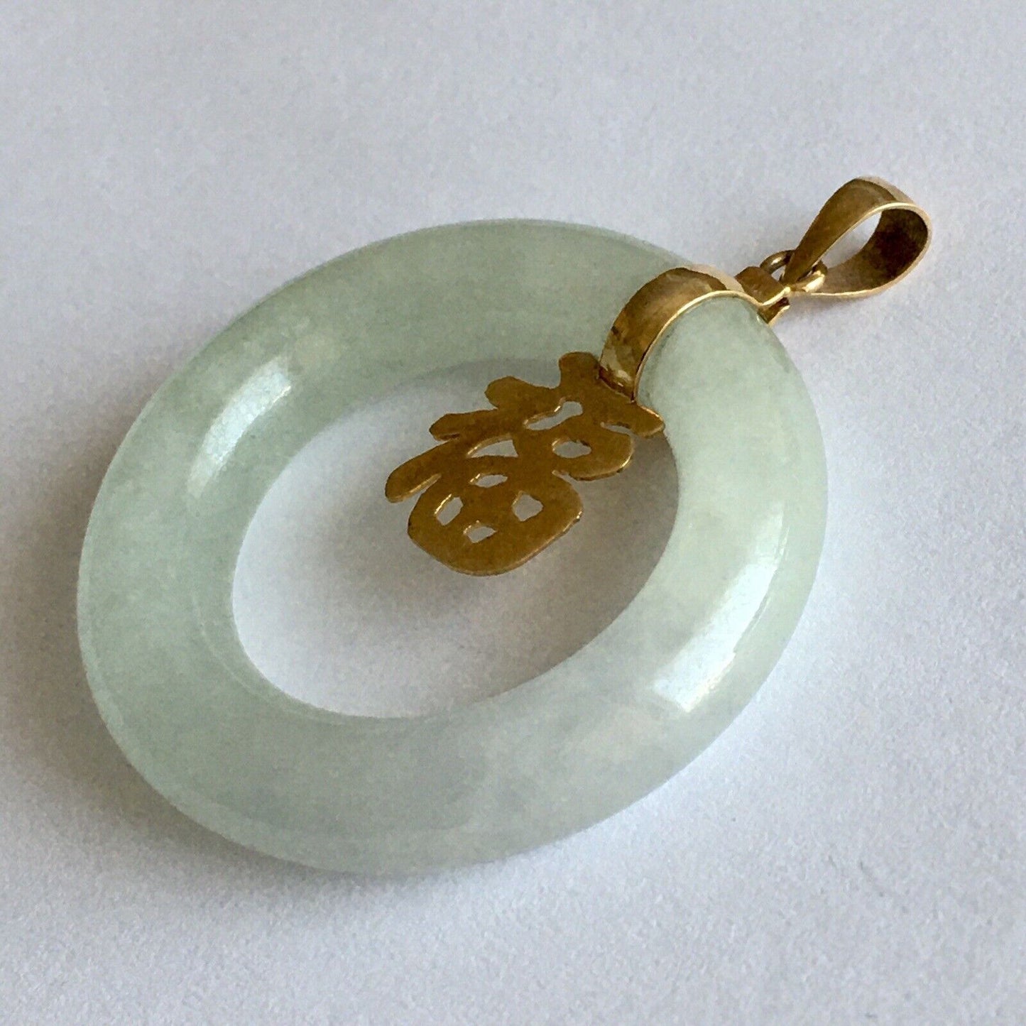 14k Real Yellow Gold Big Circle Natural Green Jade Pendant Lucky Happiness 10.8g