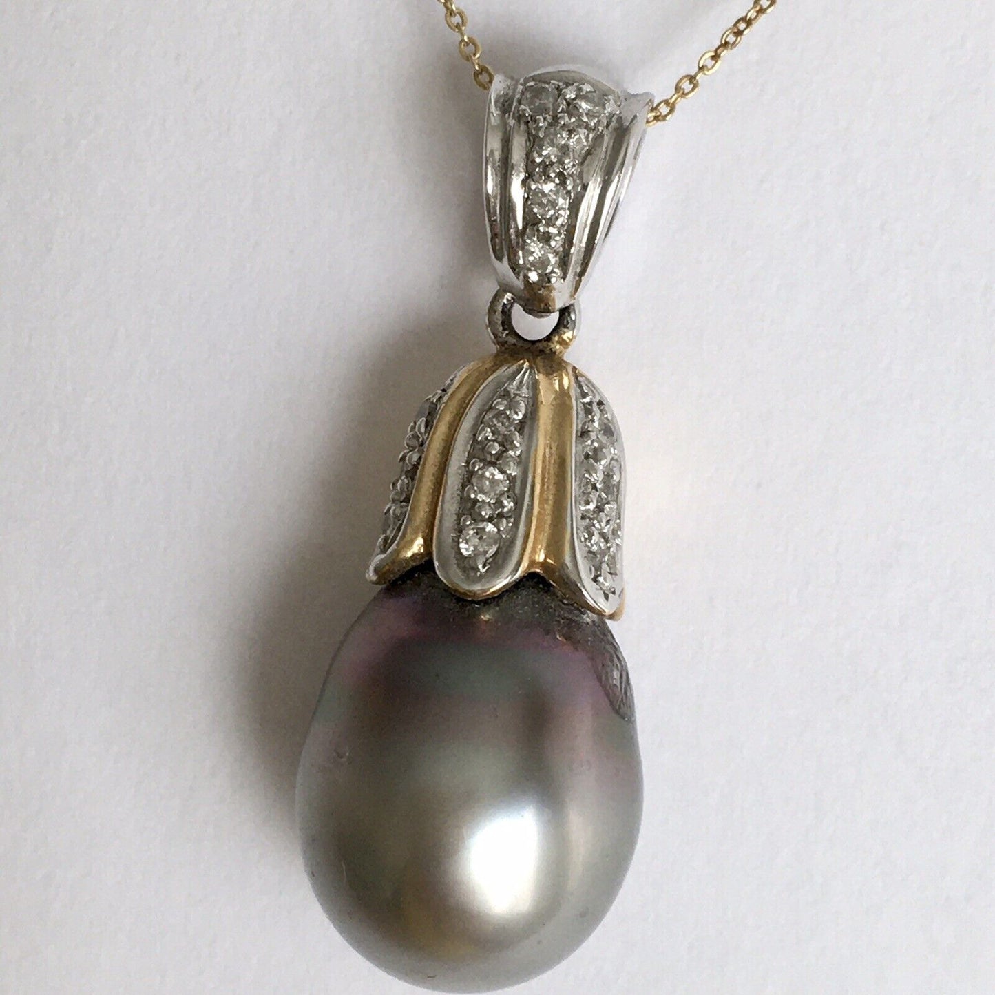 New 18k Solid Yellow Gold Y/G Natural Gray South Sea Pearl Diamonds Pendant