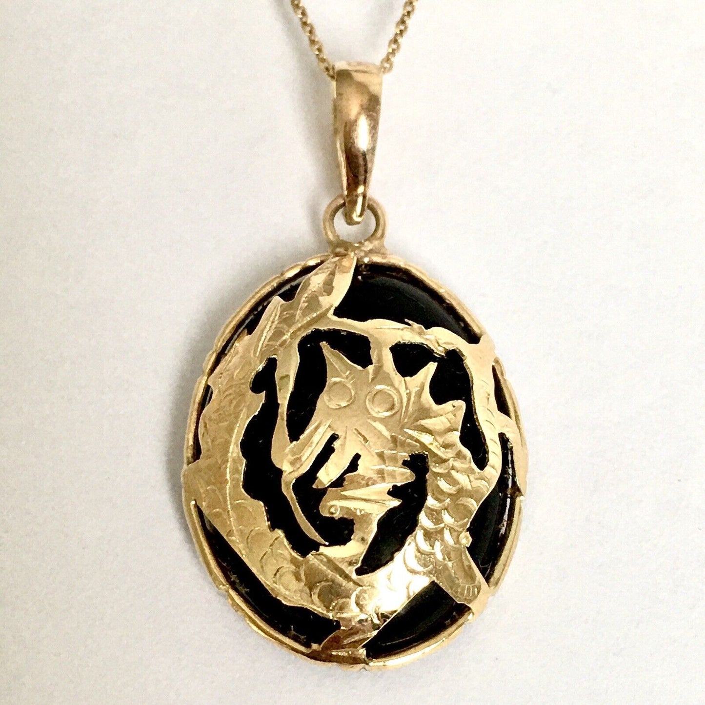 New 14k Solid Yellow Gold Black Onyx Pendant For Necklace, Powerful Dragon 2.5G