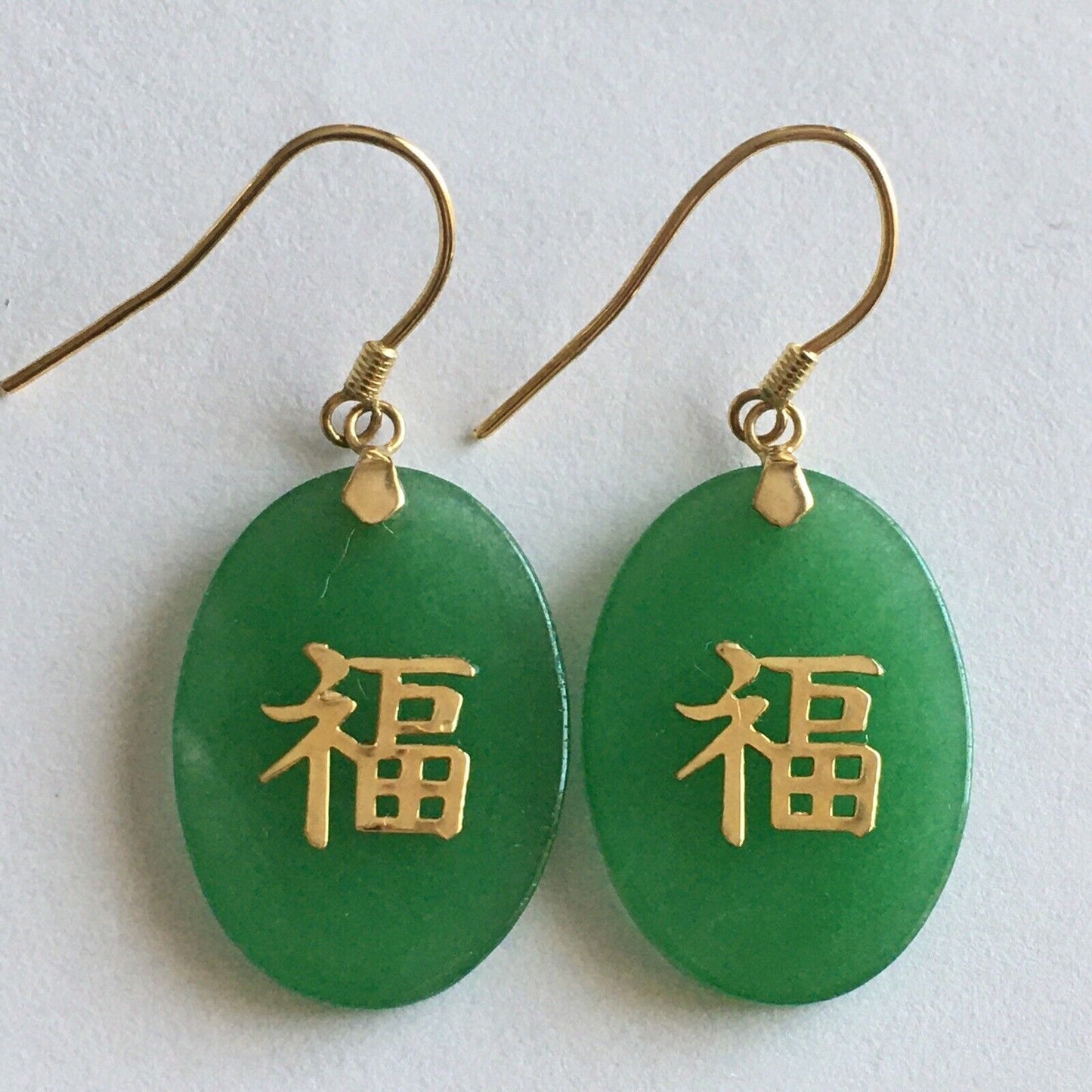 New 14k Solid Yellow Gold Natural Green Jade Earrings “Happiness” Good Luck 3.2g