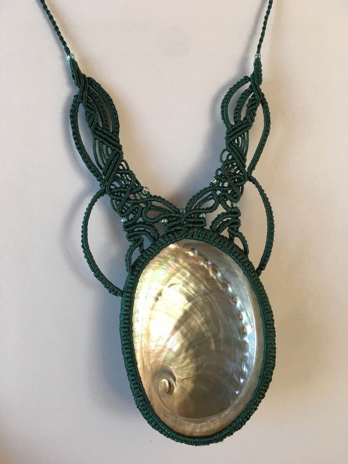 N21 Macrame Necklace Big Natural Abalone Shell Handmade adjustable length 16~32”