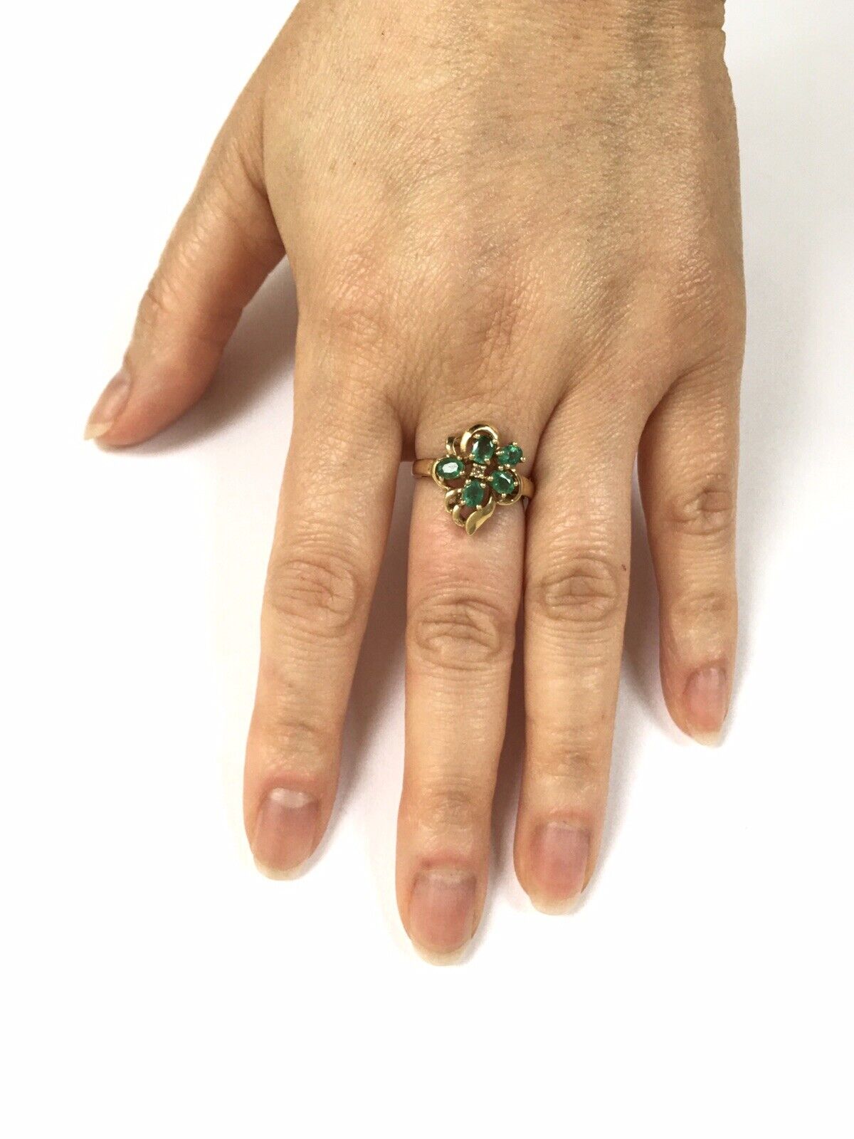 P-5532 New 14k Solid Yellow Gold Genuine Emerald Diamond Ring SZ-7 Unique Flower