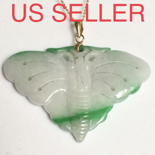 New 14k Solid Yellow Gold Natural White Green Jade Pendant Good Luck Butterfly