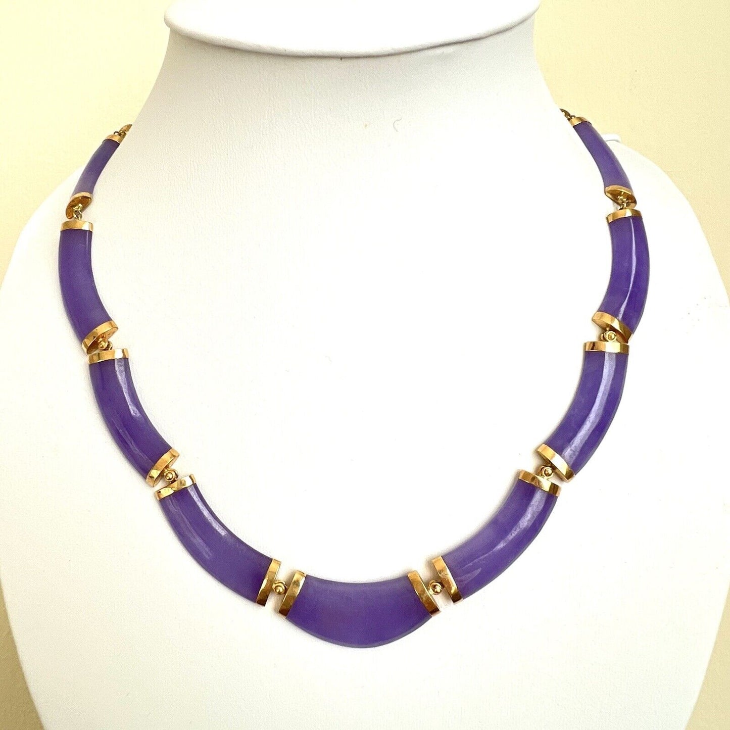 New 14k Solid Yellow Gold Natural Lavender Jade Bamboo Necklace 18”