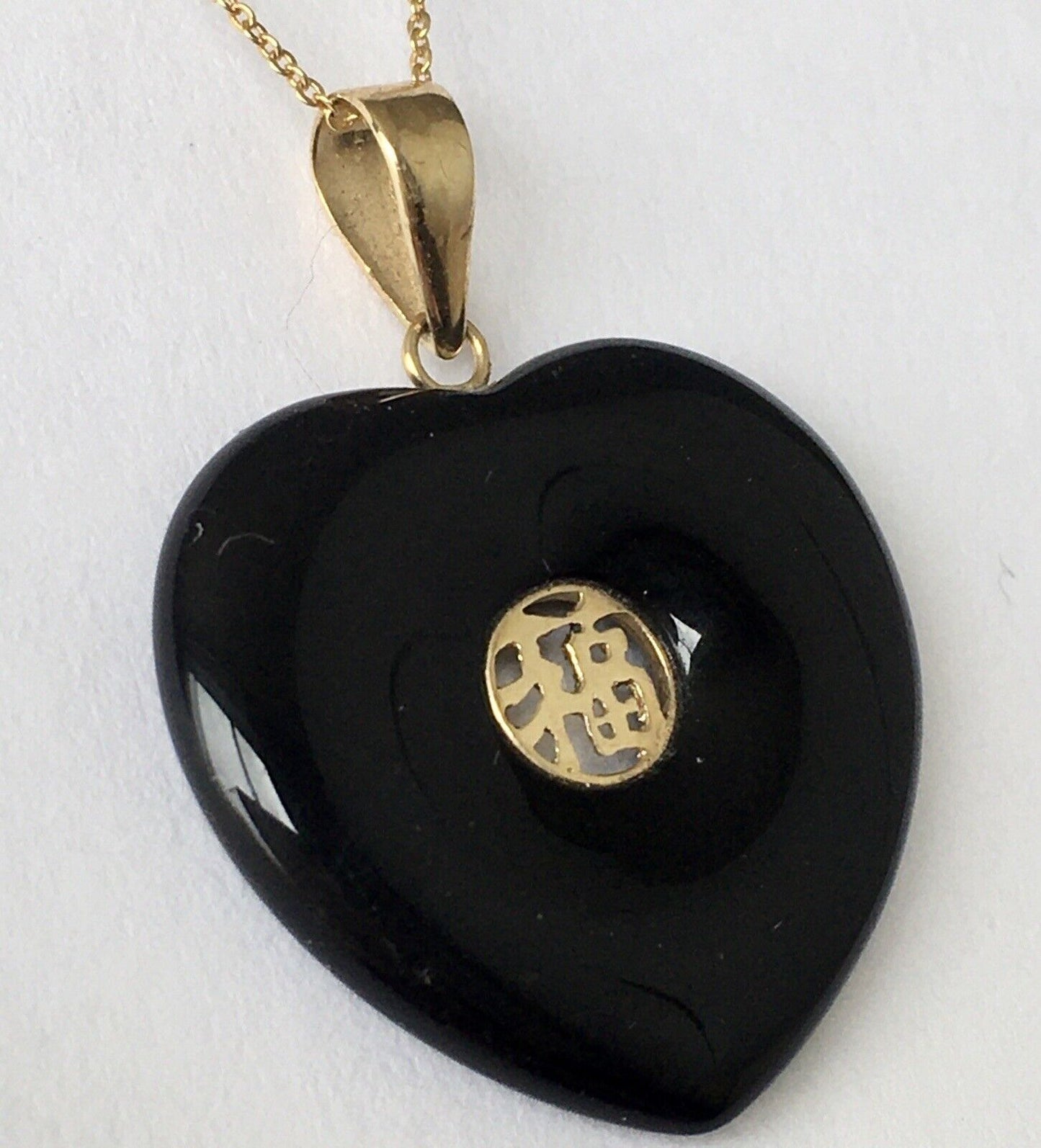 New 14k Solid Yellow Gold Black Onyx Love Heart Necklace Pendant Happiness 2.4g