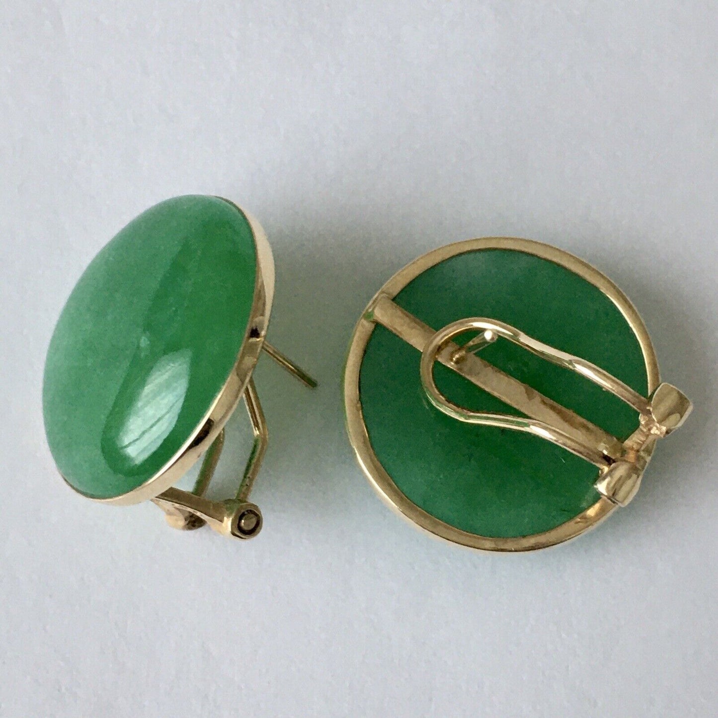 New 14k Solid Yellow Gold Natural Green Jade Earrings Good Luck 18mm French Clip