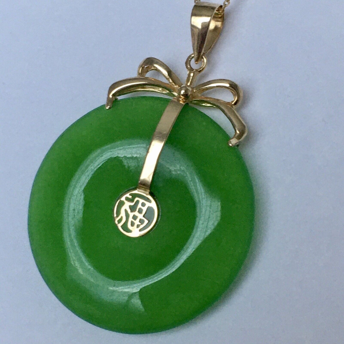 New 14k Solid Yellow Gold Circle Natural Green Jade Pendant Lucky Happiness 4.8g