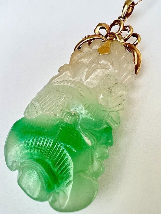 New 14k Solid Yellow Gold Natural Green Jade Pendant Lucky Guanyin Buddha 22.1g