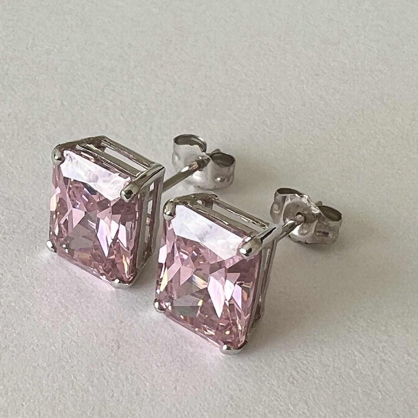 P2250 New 14k White Gold Pink Topaz Studs Earrings Gemstone 7*9mm Emerald Cut