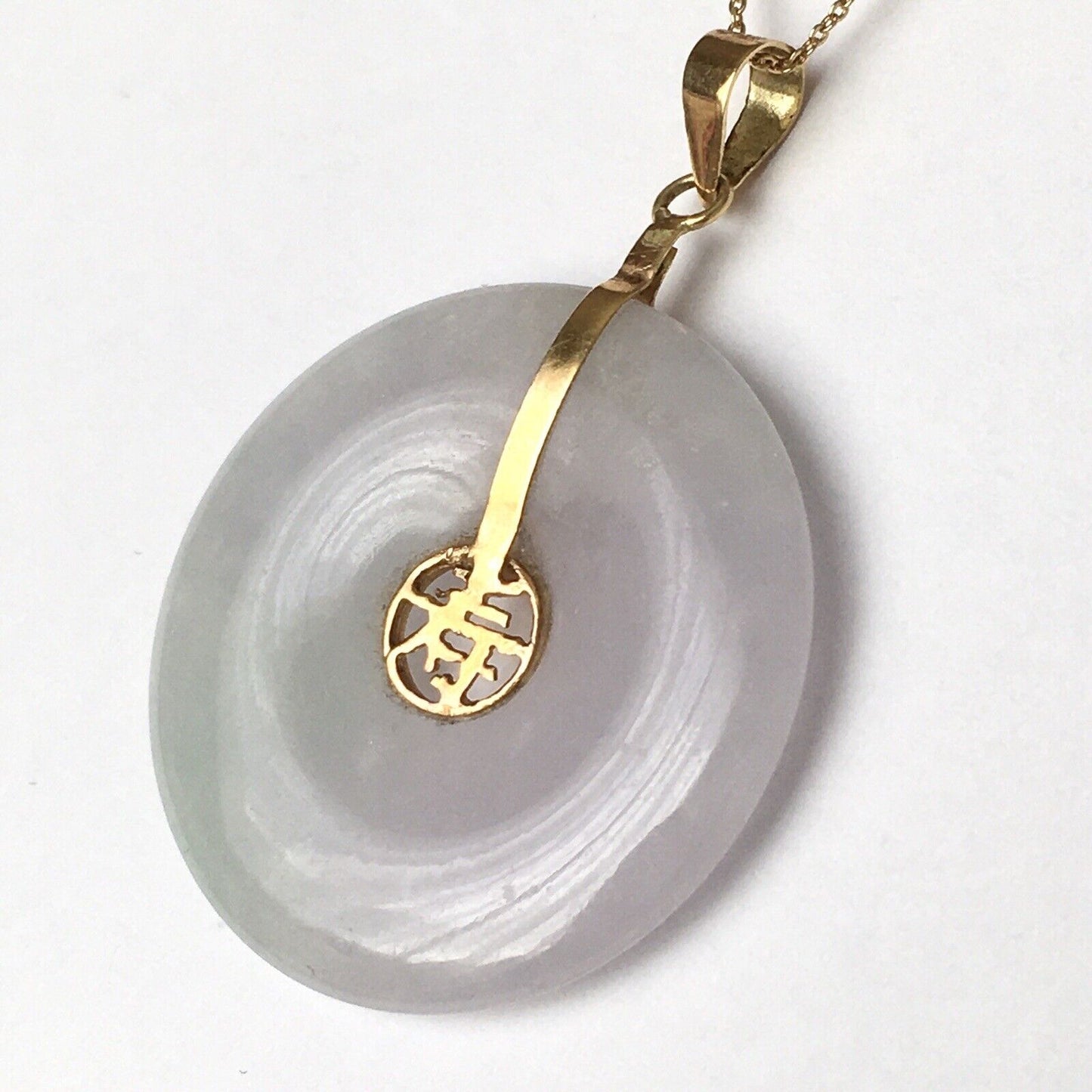 New 14k Solid Yellow Gold National Circle White Jade Pendant Luck Long Life 4.8g