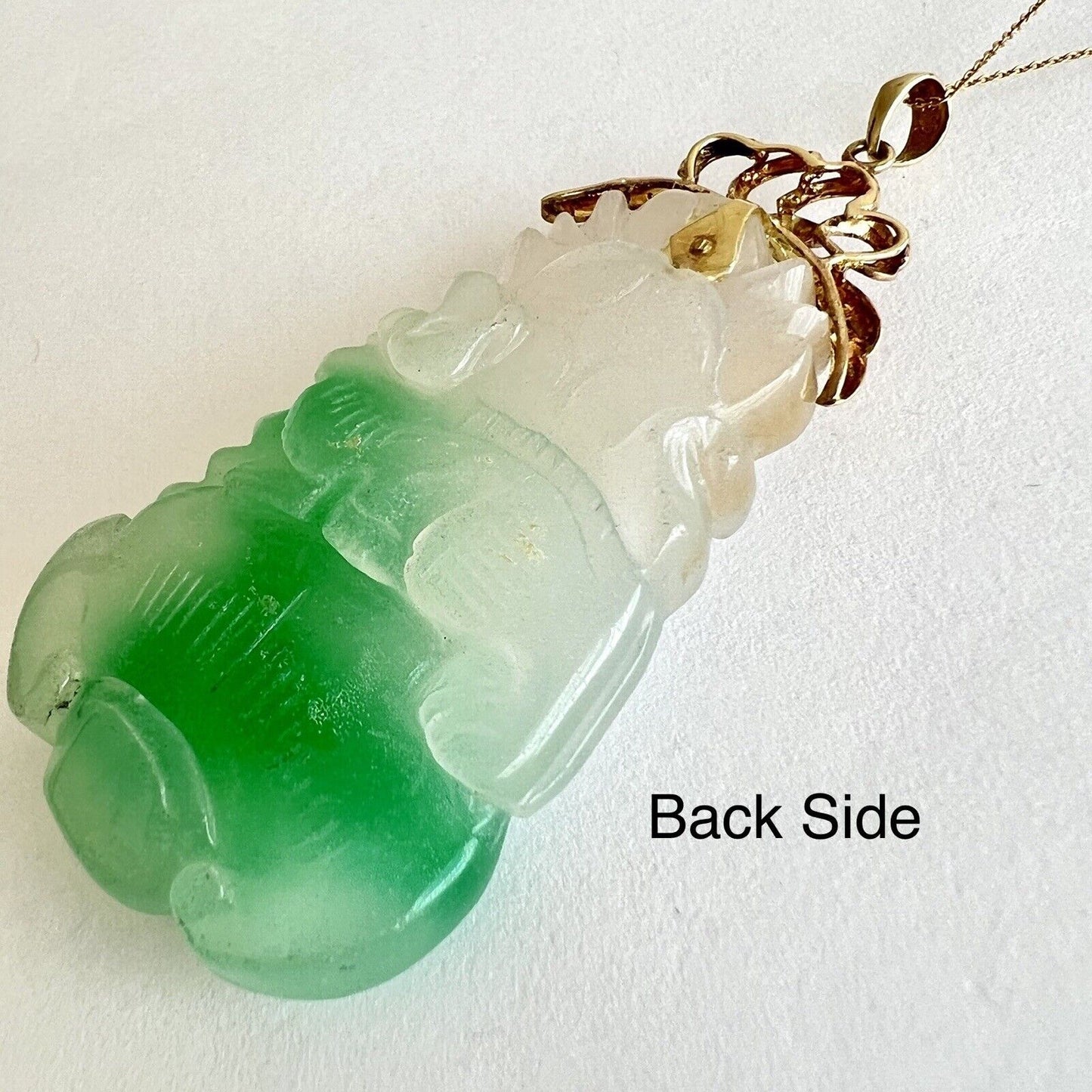 New 14k Solid Yellow Gold Natural Green Jade Pendant Lucky Guanyin Buddha 22.1g