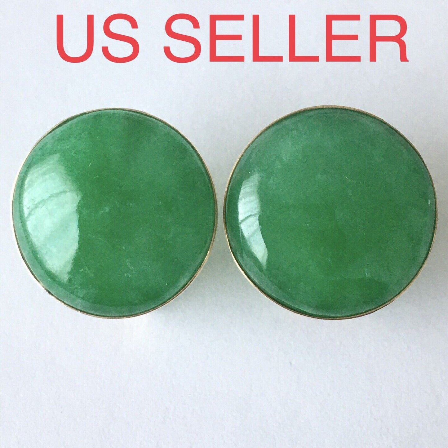 New 14k Solid Yellow Gold Natural Green Jade Earrings Good Luck 18mm French Clip