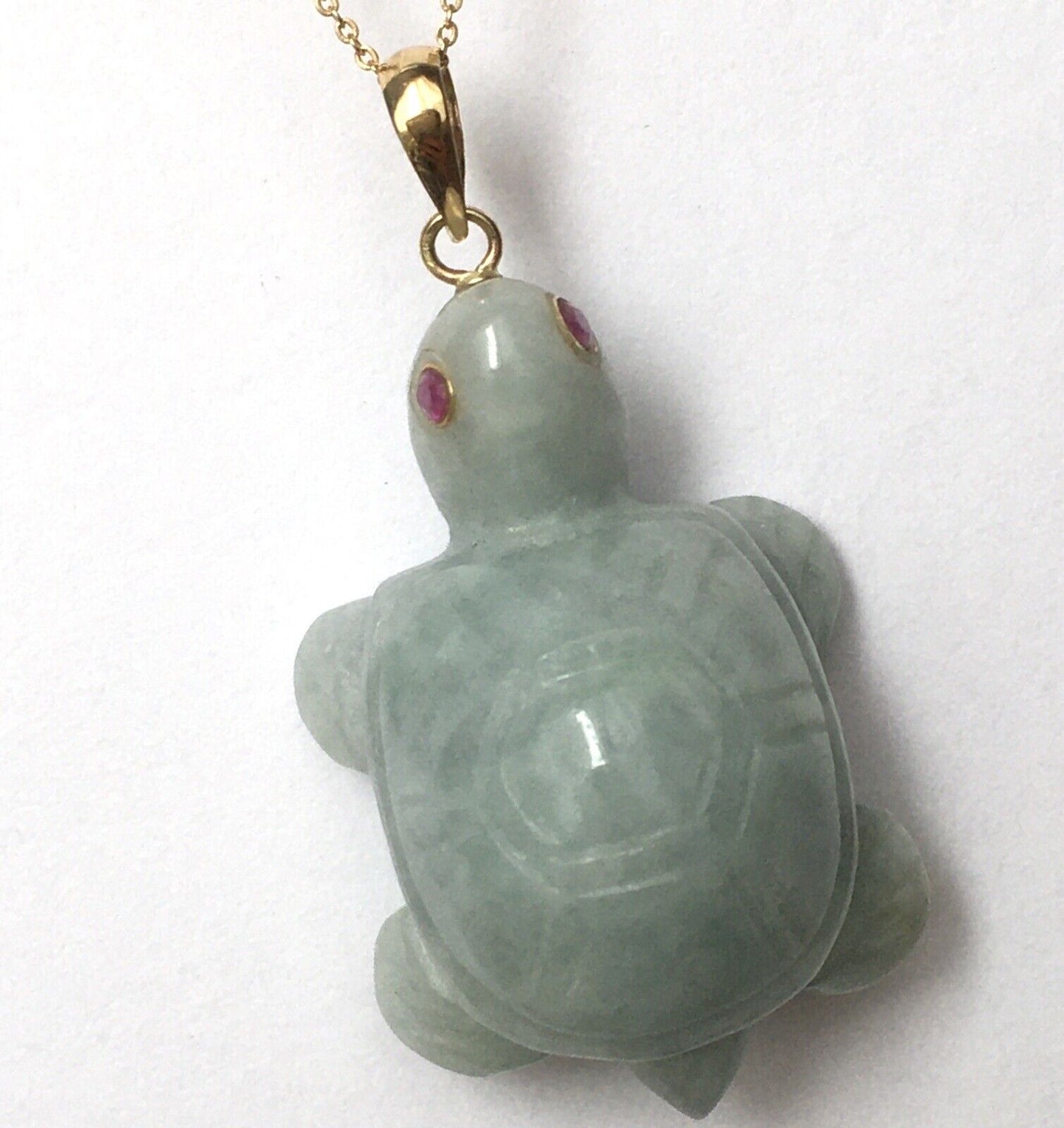 14k Solid Yellow Gold Natural Green Jade Turtle Pendant Ruby Eyes Hand Carved