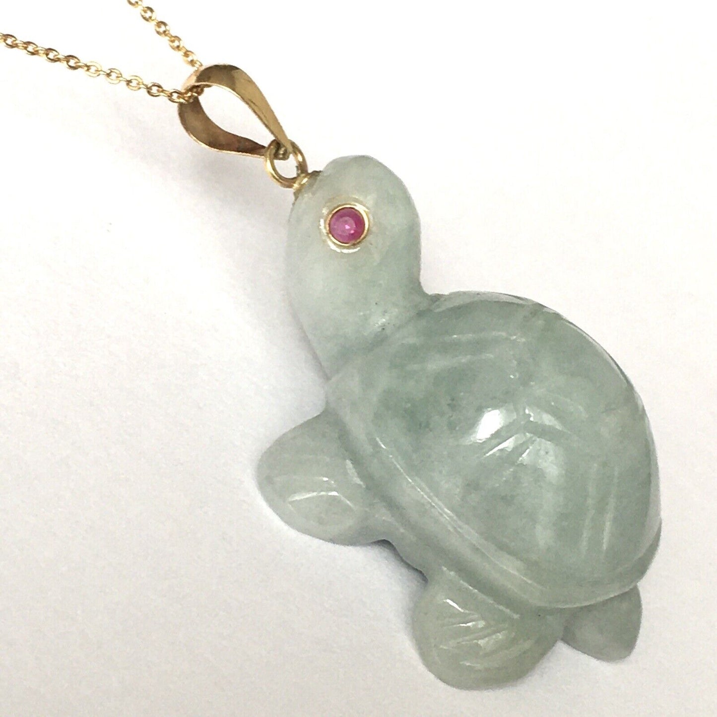 14k Solid Yellow Gold Natural Green Jade Turtle Pendant Ruby Eyes Hand Carved