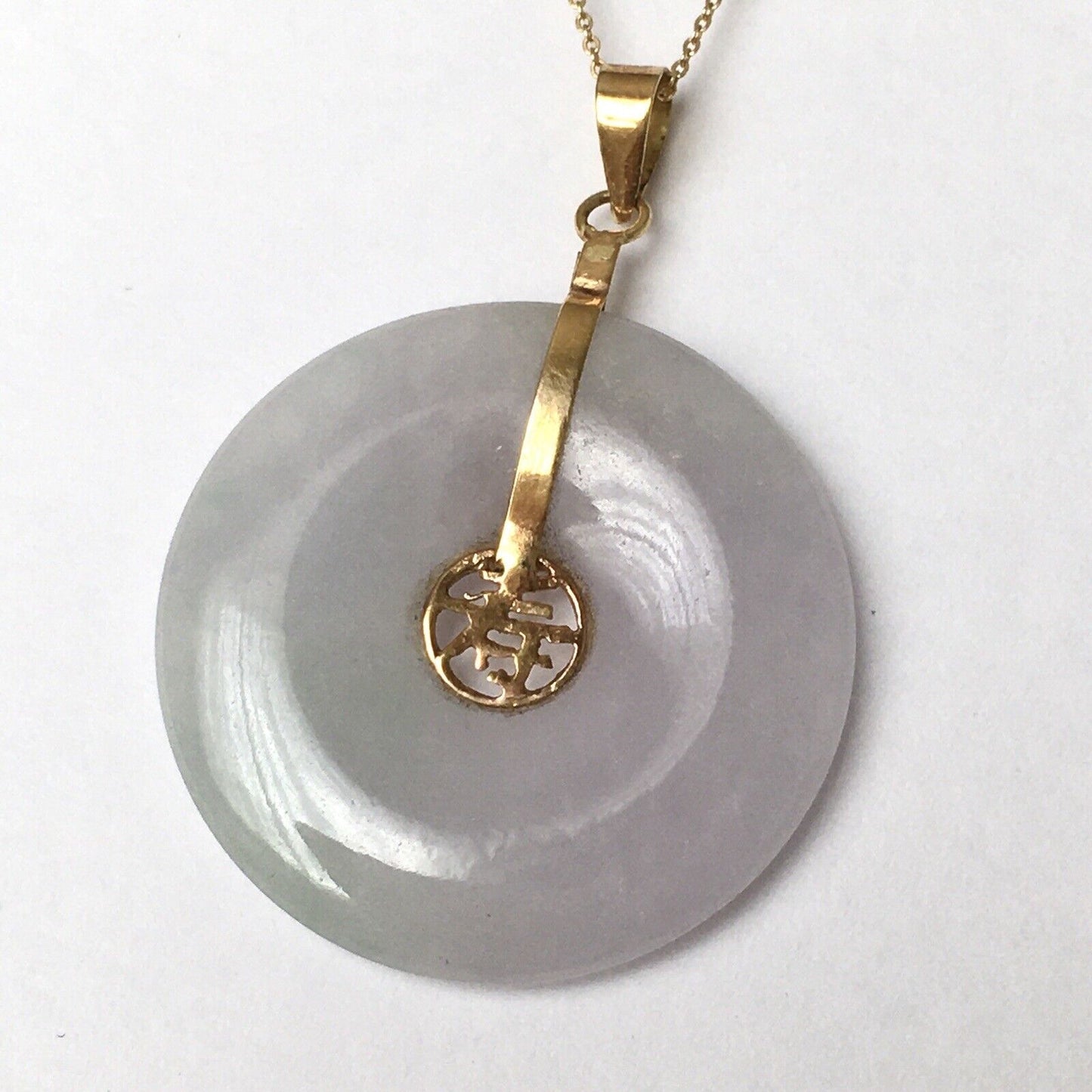 New 14k Solid Yellow Gold National Circle White Jade Pendant Luck Long Life 4.8g