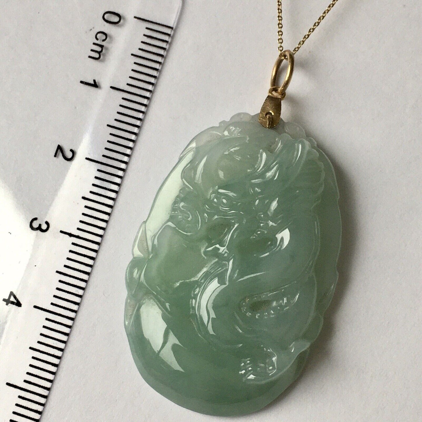 New 14k Solid Yellow Gold Natural Green Jade Pendant Long Life Dragon Good Luck