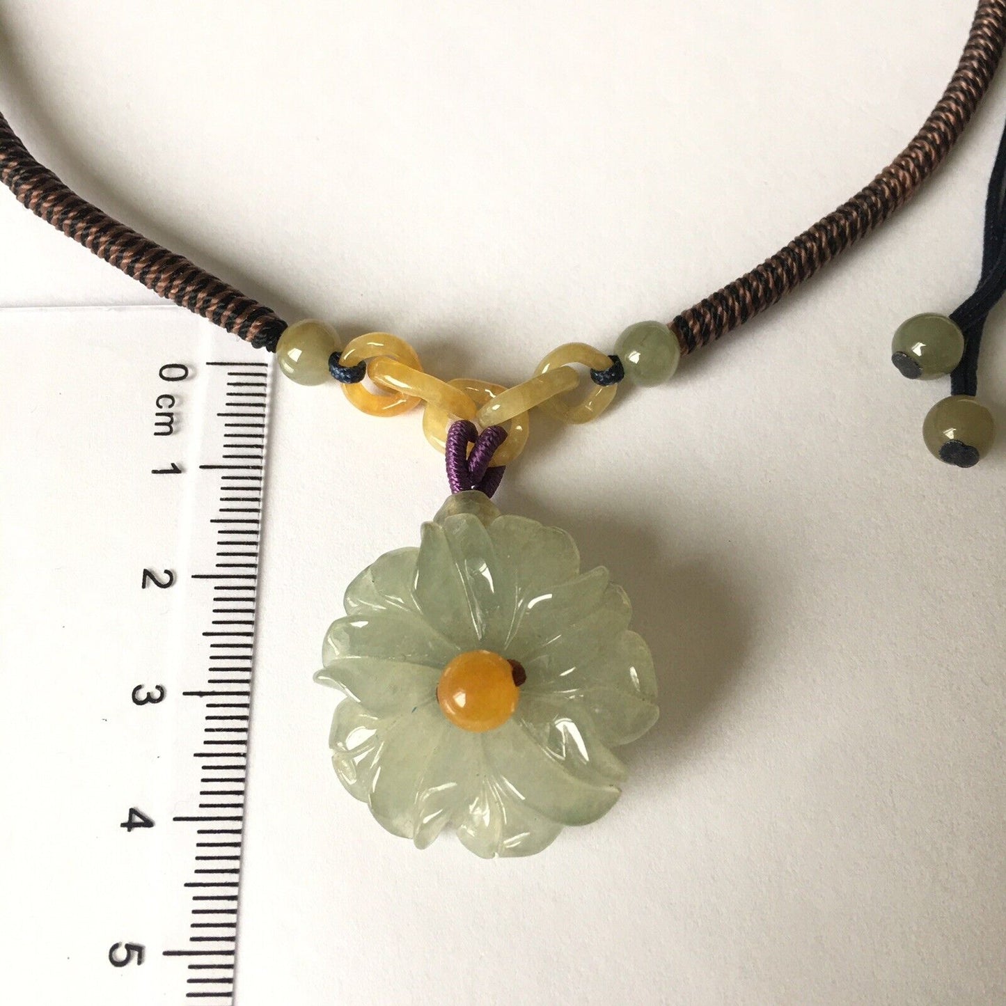 N-106 Macrame Handmade Genuine Carved Flower Jade Necklace adjustable 16~24”