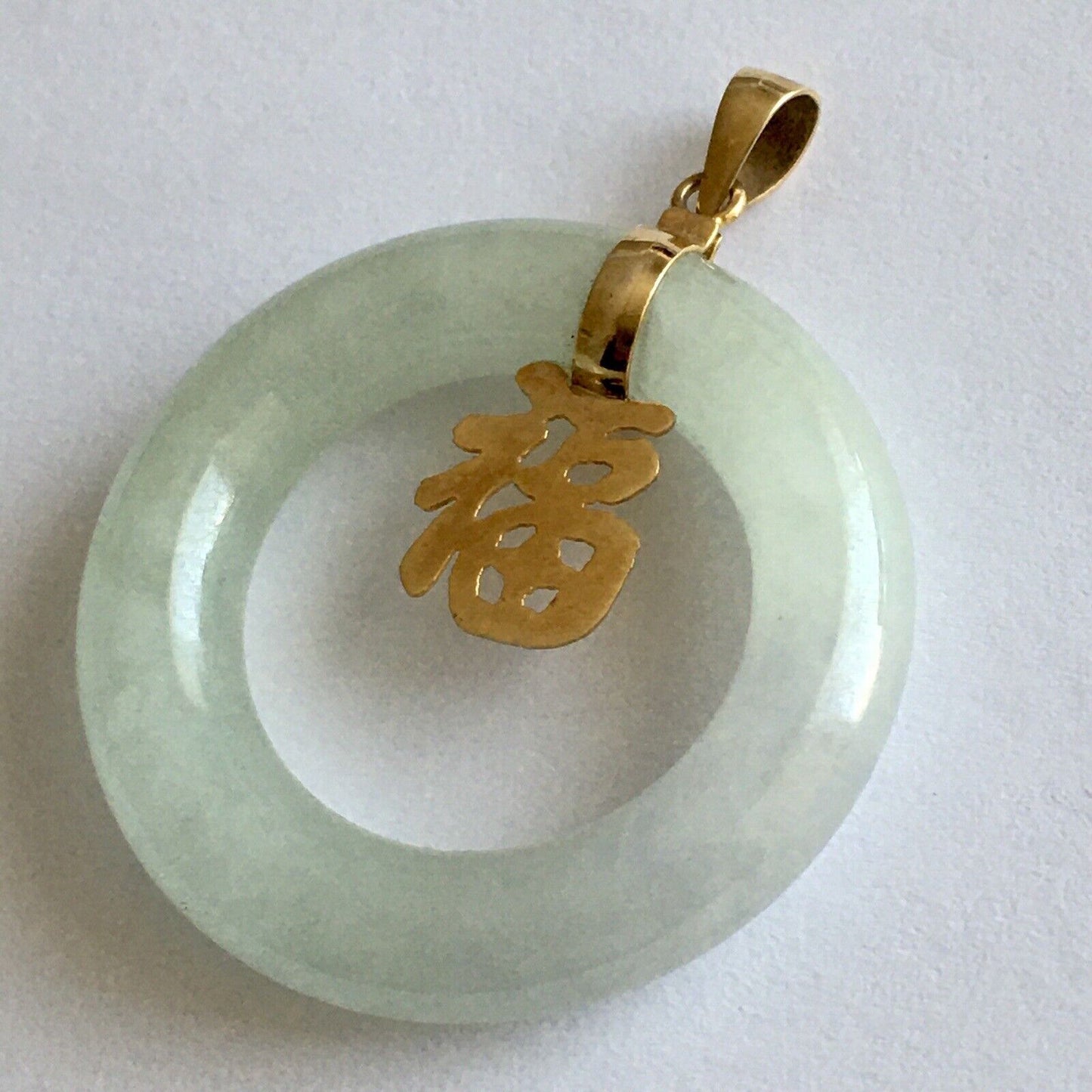 14k Real Yellow Gold Big Circle Natural Green Jade Pendant Lucky Happiness 10.8g