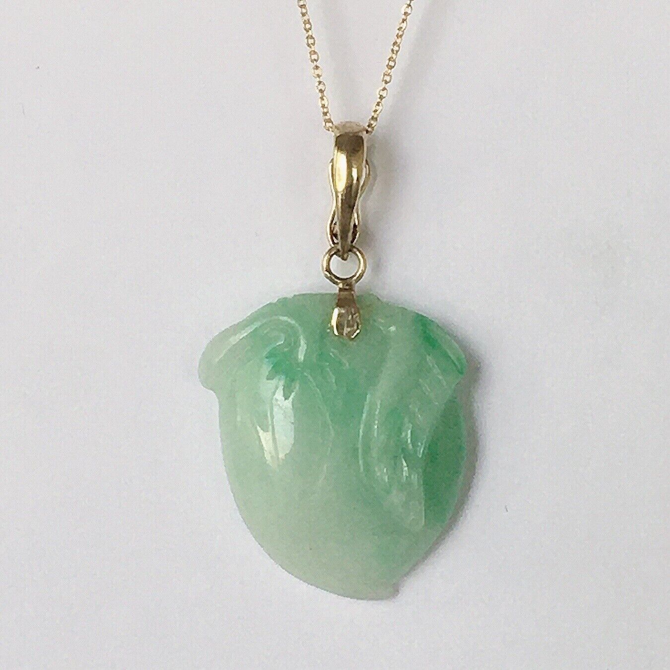 P-2230 New 14k Solid Yellow Gold Natural Quality Green Jade Pendant HandCut Pear