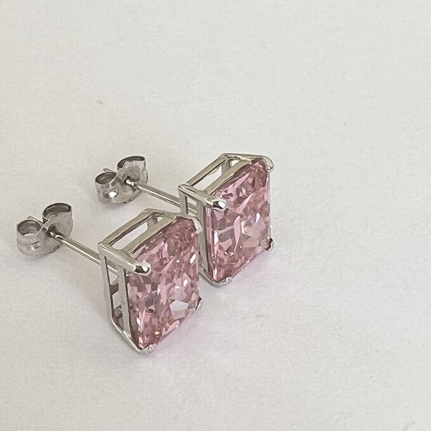 P2250 New 14k White Gold Pink Topaz Studs Earrings Gemstone 7*9mm Emerald Cut