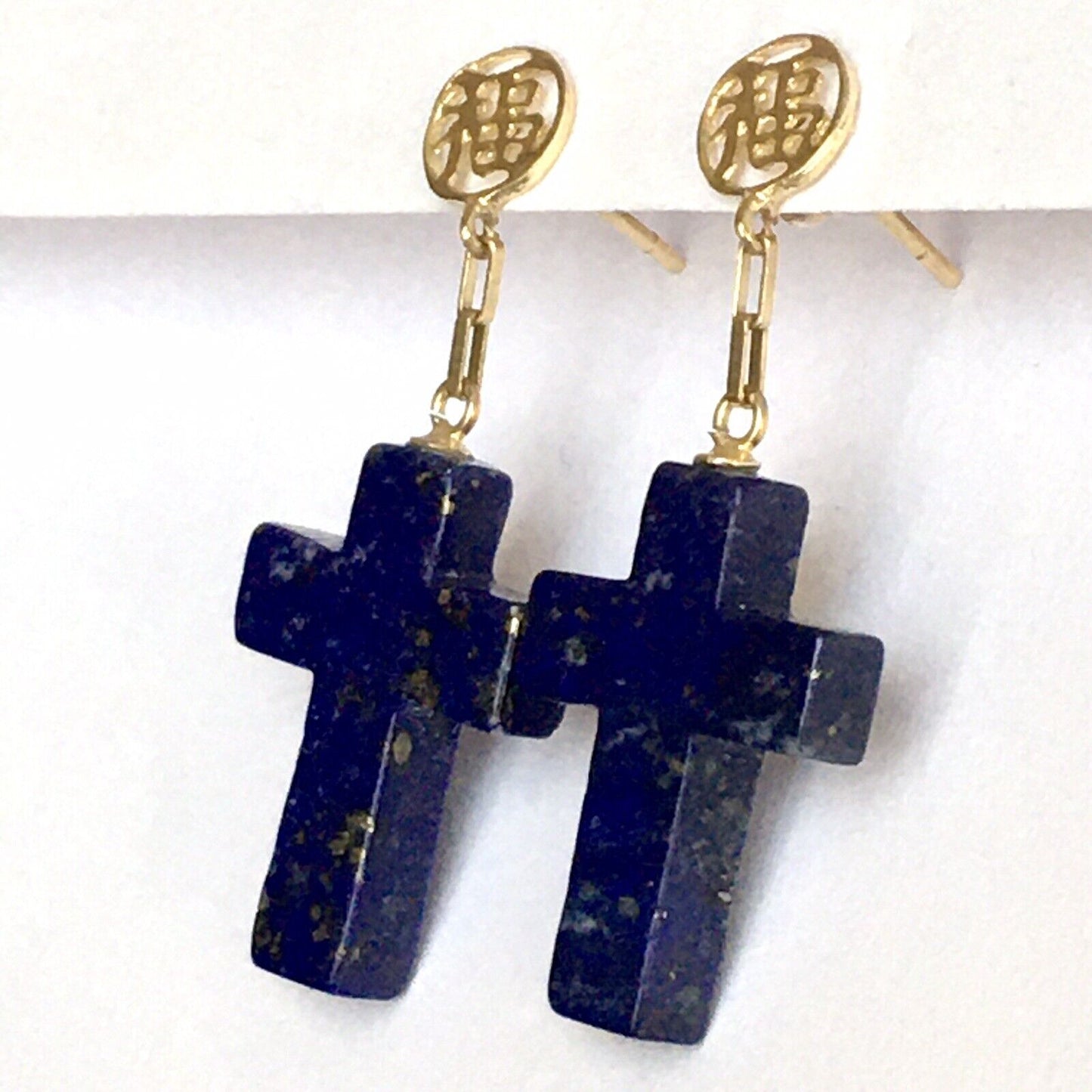 New 14k Solid Yellow Gold Y/G Cross Lapis Earrings, Studs, Dangling, Gemstones