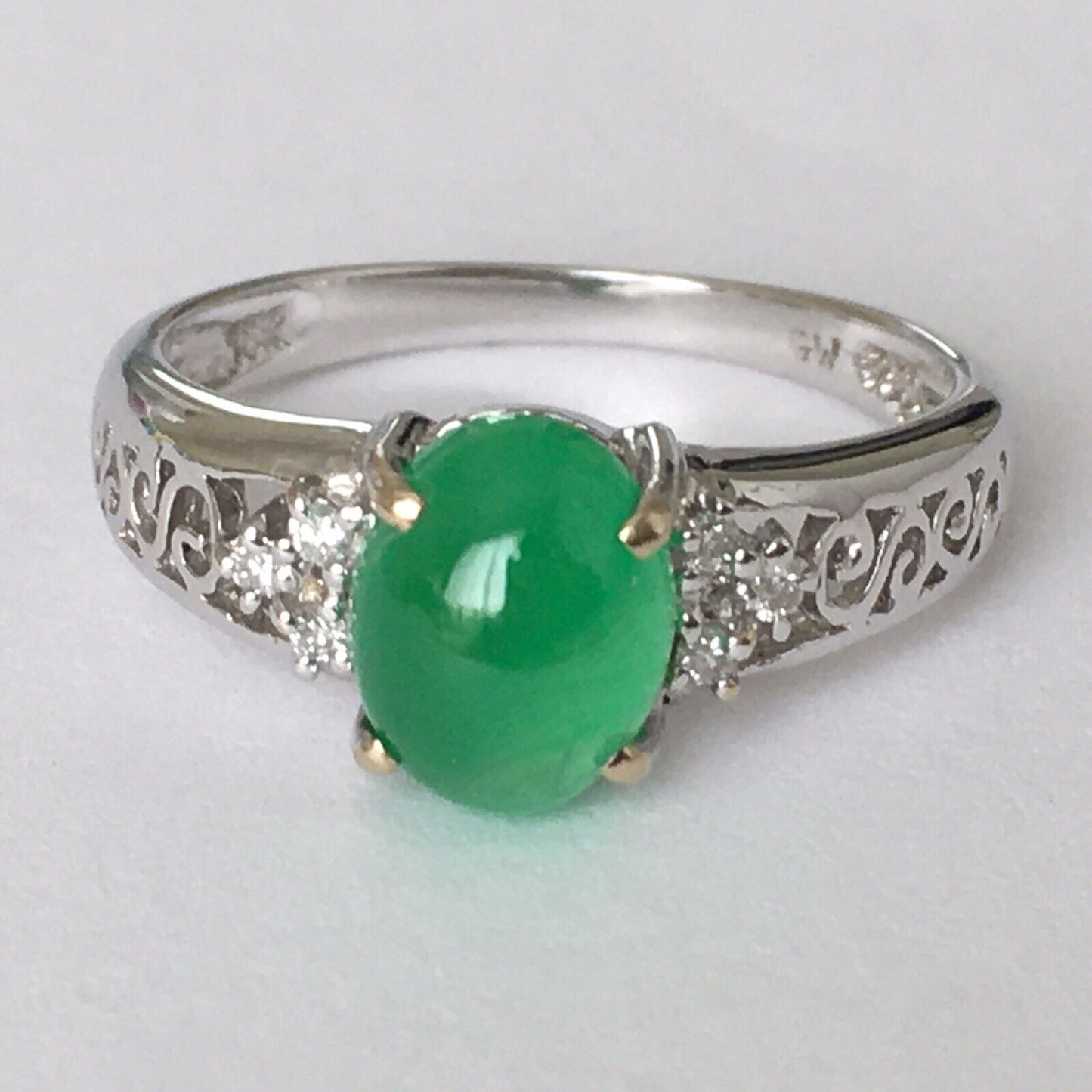 New Natural 14k Solid White Gold Quality Green Jade Diamonds Ring SZ-7.5