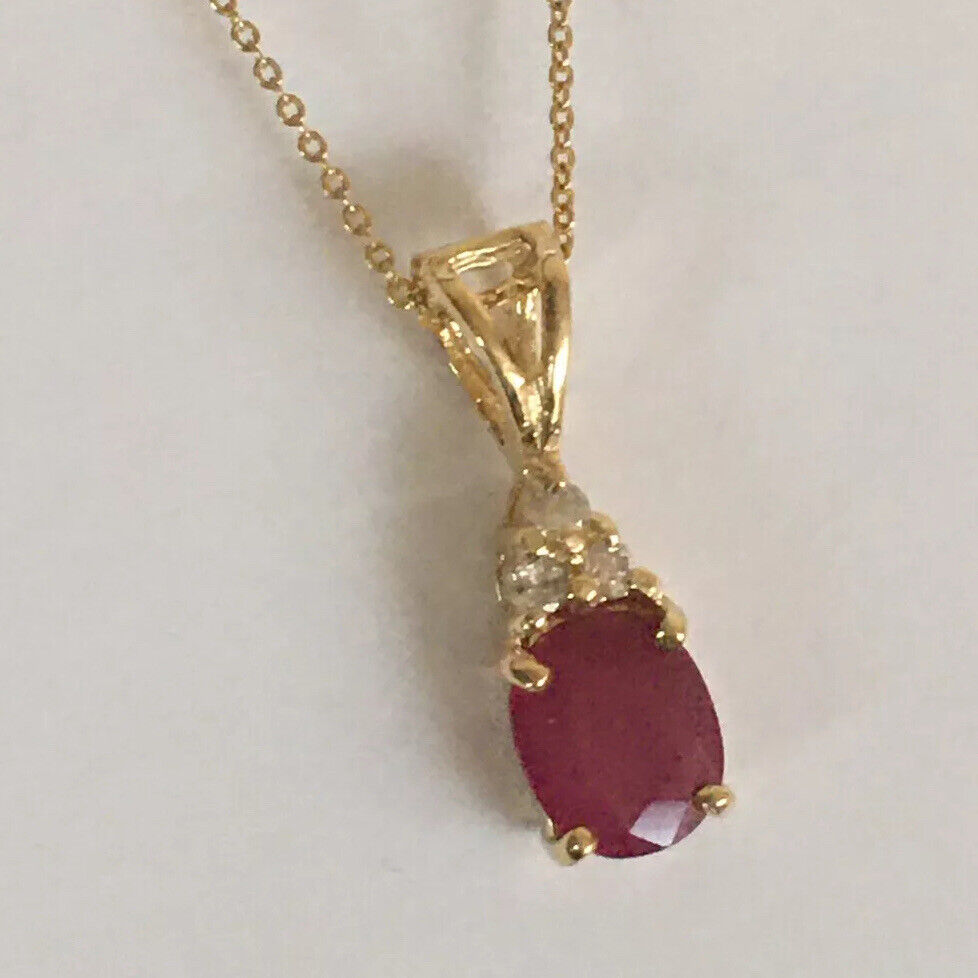 P-95160 New 14k Solid Yellow Gold Genuine Oval Solitary Ruby Diamond Pendant