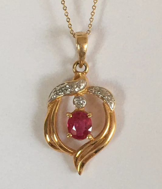 P-9786 New 14k Solid Yellow Gold Genuine Oval Ruby Pendant With Diamond