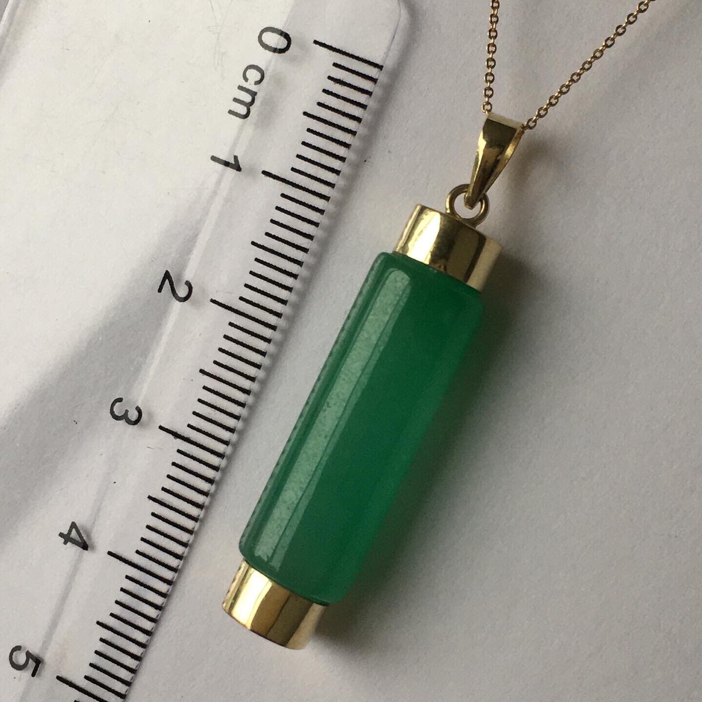 New 14k Solid Yellow Gold Quality Natural Green Jade Cylinder Pendant Good Luck