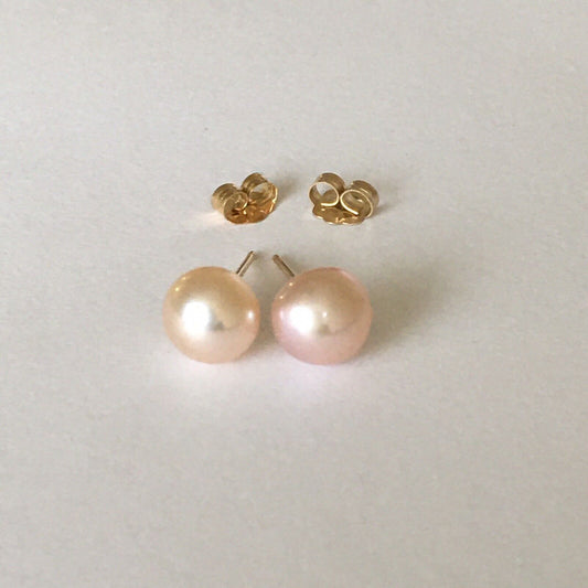 P-5207, New 14k Solid Yellow Gold Natural Pink Water Pearl Studs Earrings, 7mm