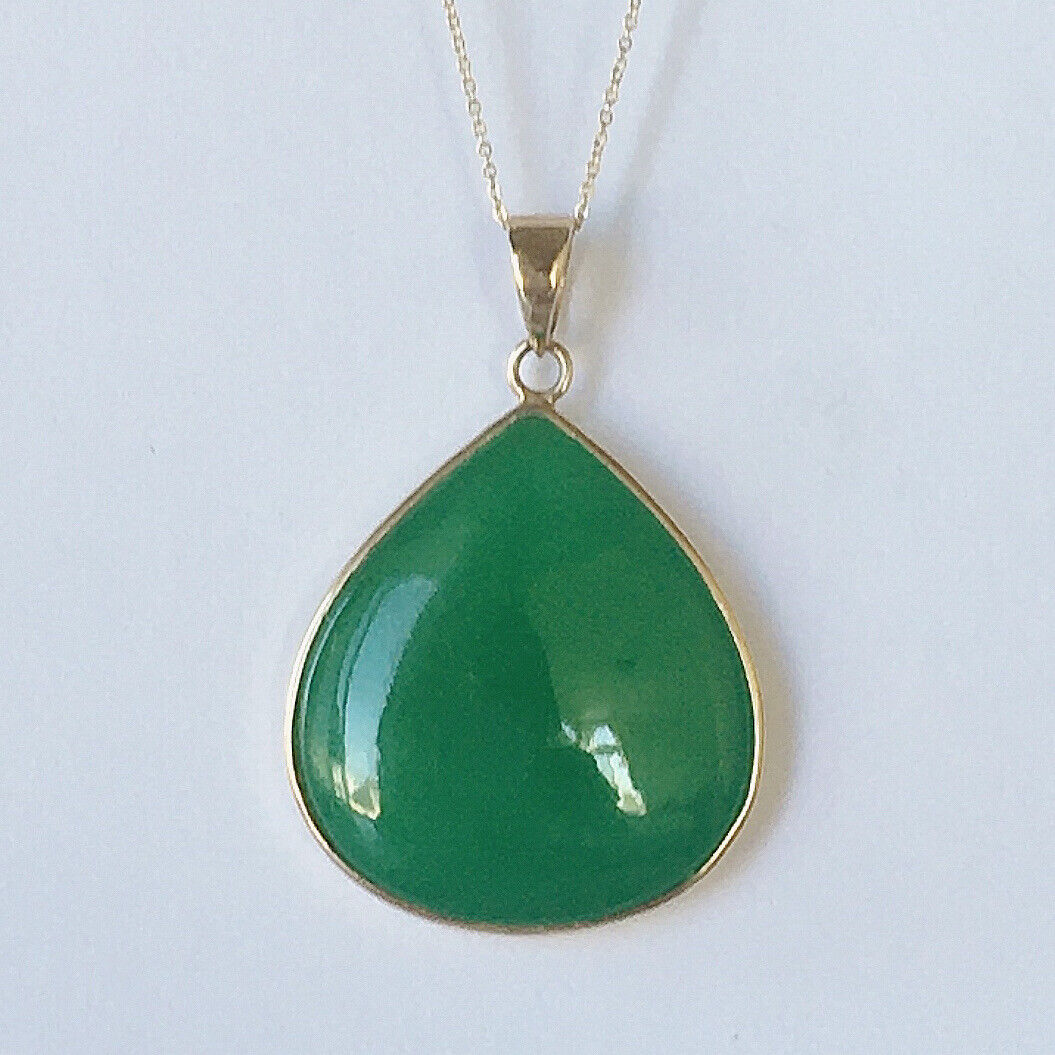 P-2380 New 14k Solid Yellow Gold Natural Quality Green Jade Pendant HandCut Pear