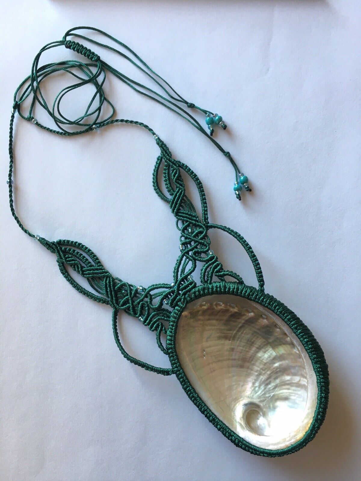 N21 Macrame Necklace Big Natural Abalone Shell Handmade adjustable length 16~32”