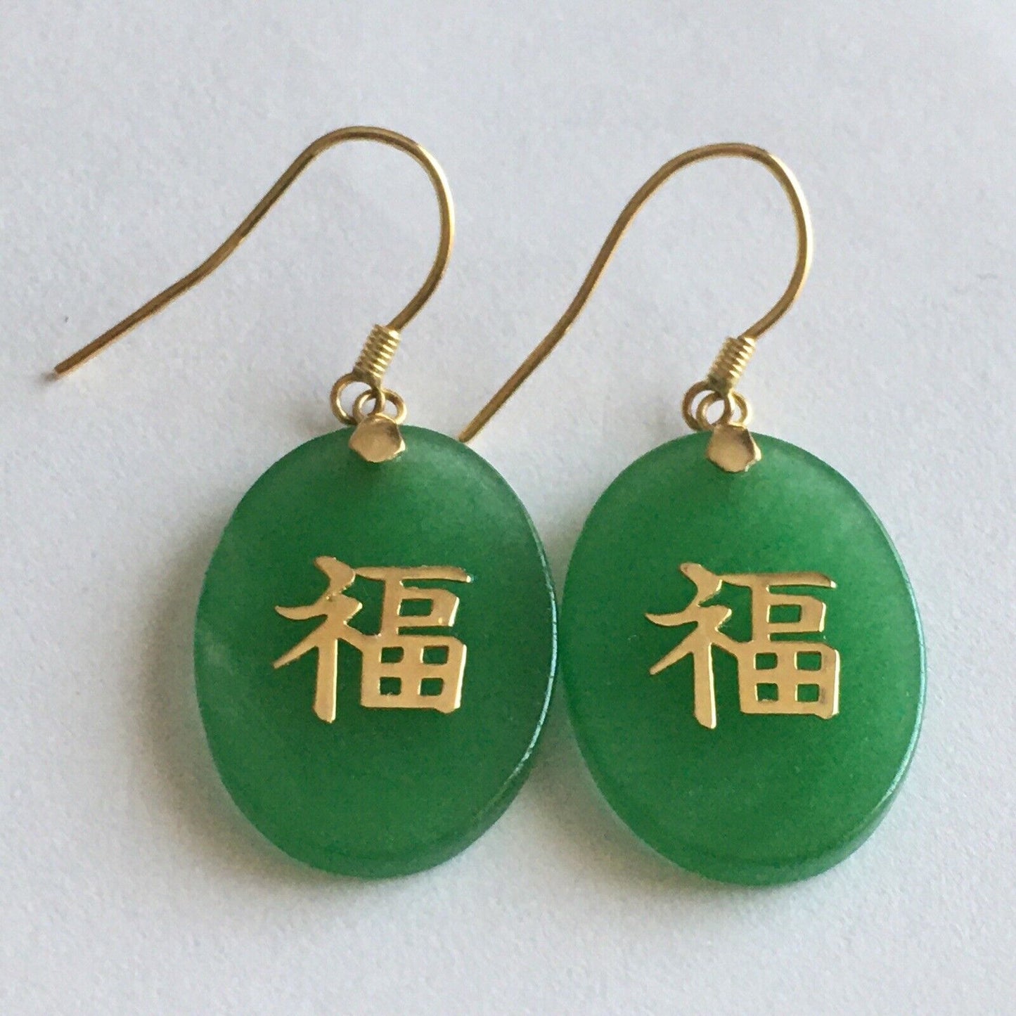 New 14k Solid Yellow Gold Natural Green Jade Earrings “Happiness” Good Luck 3.2g